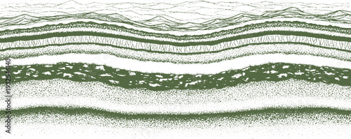Cross-section of earth strata with grass and mountains in green illustration, showing geological layers and natural landscape