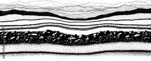 Detailed black and white illustration of abstract geological layers, suggesting earth science and natural strata.