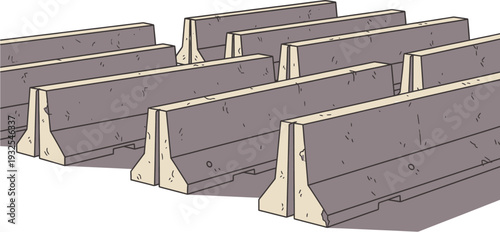 Illustration of multiple grey concrete barriers arranged in rows, commonly used for road safety and construction site demarcation.
