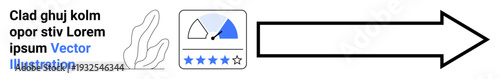 Navigation, progress tracking, evaluation, business strategy, ranking metrics, performance improvement. A right-pointing arrow with rating stars and a diagram. Navigation and progress tracking