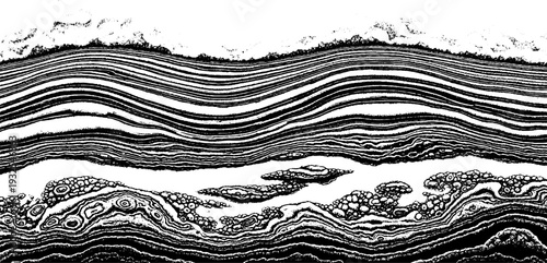 Abstract surreal landscape with layered lines and organic forms, ink drawing, black and white illustration