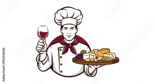 Chef holding wine and cheese platter illustration.