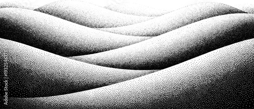 Monochromatic abstract landscape of sand dunes or rolling hills rendered in stippling technique, minimalist design