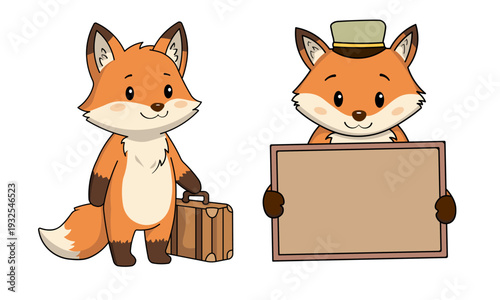 Cute **Fox Character Mascot** with Travel Suitcase and **Blank Signboard** Vector Illustration