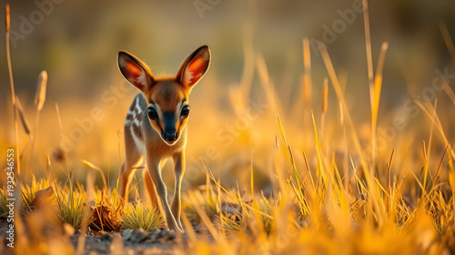A tiny dik-dik antelope cautiously stepping through the golden grasslands, its large eyes full of curiosity