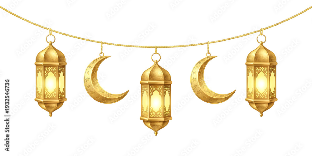 Obraz premium Golden Ramadan and Eid festive garland with lanterns and crescent moons, on a transparent background