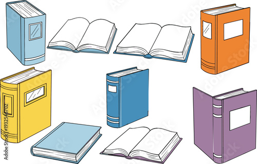 Cartoon book illustration vector set with open and closed textbooks, colorful covers, study materials for education, library, school, publishing, and learning designs