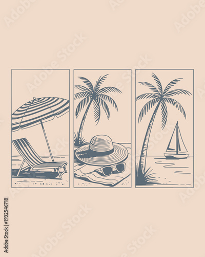 Vintage Beach Line Art Set – Tropical Palm, Umbrella and Sailboat Illustration Collection