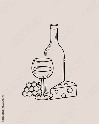 Fotografia Wine and Cheese Line Art Illustration – Elegant Winery Food Outline Design