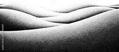 Abstract monochrome landscape of rolling sand dunes with stippled texture, minimalist and serene