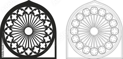  rose window design with detailed circular tracery and cathedral arch frame isolated on white background, architectural vector illustration