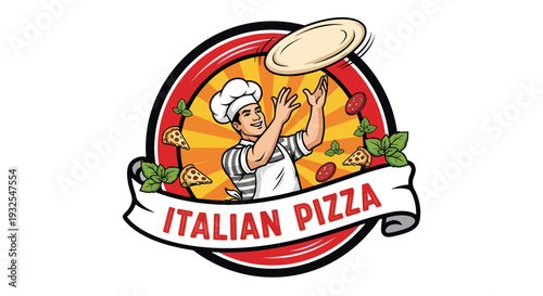 Chef tossing pizza dough in a vibrant Italian pizza logo design.