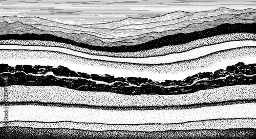 Detailed black and white line art representing geological strata and mountain landscape