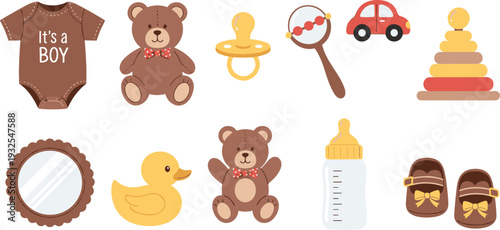 Baby shower icons collection for boy, newborn toys clothes bottle pacifier and teddy bear cute vector illustration set