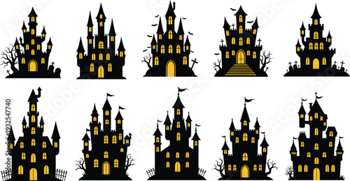 Haunted castle silhouettes collection, spooky Halloween dark mansions with glowing windows, gothic horror vector illustration set