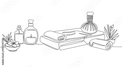 Monoline illustration of spa items including towels, bottles, and plants on a treatment table on a transparent background