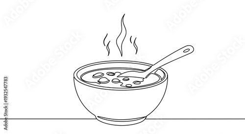 Monoline illustration of a bowl of steaming soup with a spoon on a transparent background