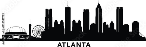 Black silhouette of Atlanta city skyline with Georgia Dome and famous skyscrapers isolated on white background for travel urban architecture and Georgia state design projects.