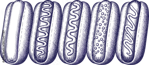 Hand drawn hot dog sausage engraving style vector illustration with vintage stipple shading for menu design, food packaging, retro posters, and restaurant branding