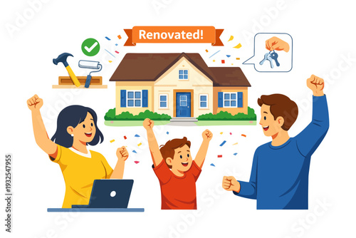 Family celebration for renovated home with tools and keys.