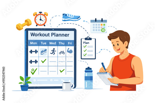 Young caucasian male planning weekly fitness routine with workout chart and healthy lifestyle items.