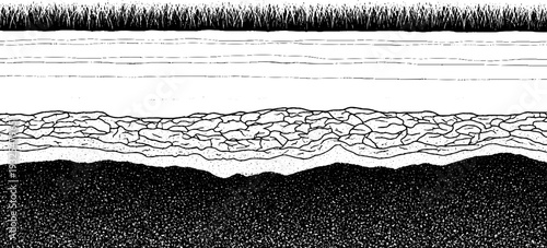 Black and white illustration of geological layers, soil and rock strata, textured ground cross-section