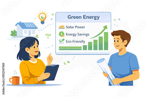 Young asian female and caucasian male discussing green energy solutions.