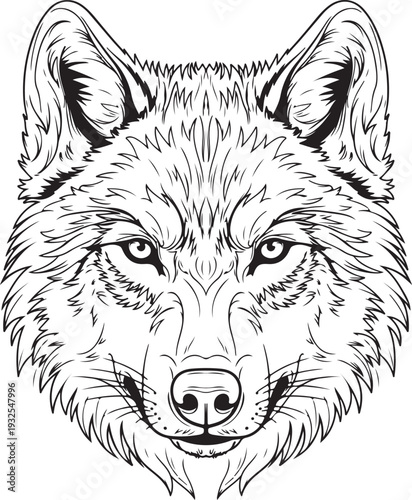 Wolf realistic semi bold line art face tattoo black flat vector