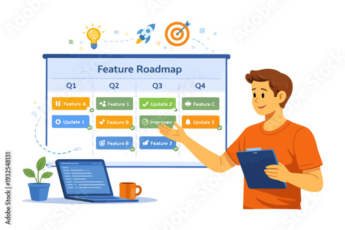 Young caucasian male presenting product timeline for business strategy planning.