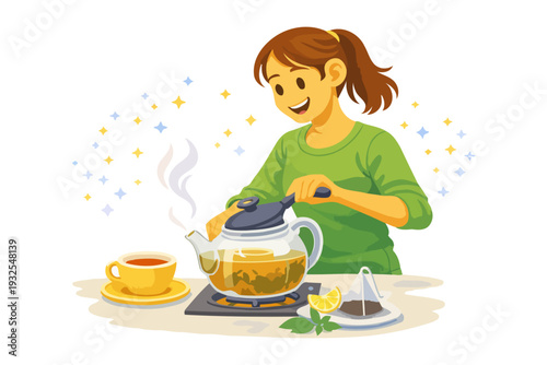 Young caucasian female enjoying tea preparation with teapot and cup in cozy setting.