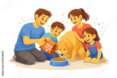 Happy family feeding golden retriever together - bonding moment with pet dog.