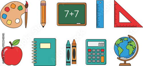 School education icons collection, classroom supplies calculator globe notebook crayons and blackboard cartoon vector illustration set
