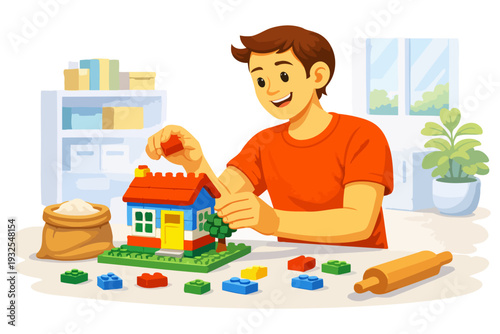 Young caucasian male building toy house with blocks in bright room.