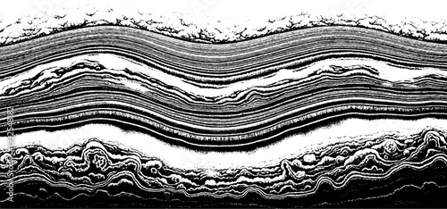 Abstract black and white flowing lines pattern, detailed textured background resembling strata or waves