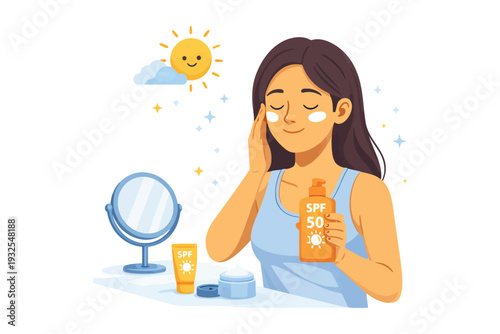 Young hispanic female applying spf 50 sunscreen with skincare products.