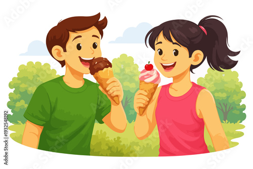 Young caucasian teens enjoying ice cream outdoors on a sunny day.