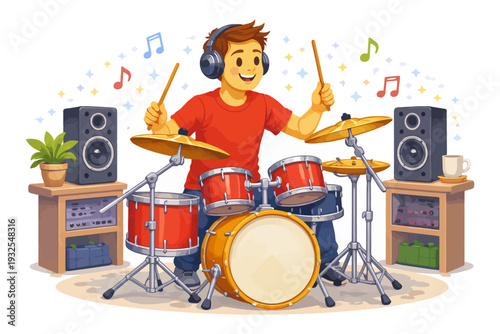 Young caucasian male enjoying playing drums with headphones and speakers.
