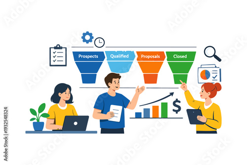 Business team discussing sales funnel flowchart with diverse team members.