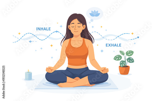 Young hispanic female practicing meditation with calm breathing and serenity indoors.
