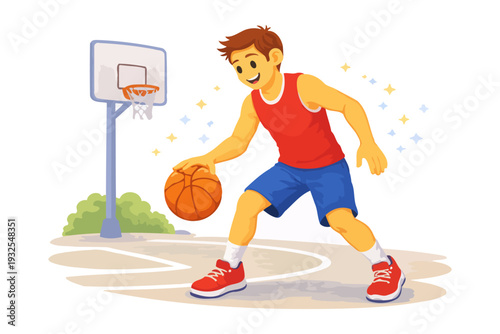 Young caucasian male teen playing basketball outdoors with hoop.