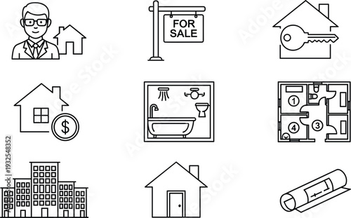 Real estate property line icons set with house sale mortgage blueprint agent vector illustration collection