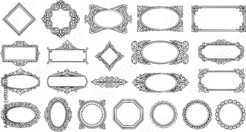 Vintage ornate decorative frame and label vector set with classic baroque borders, elegant shapes, and ornamental line art for branding, invitations, and design projects