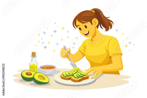 Young asian female preparing avocado toast in kitchen.