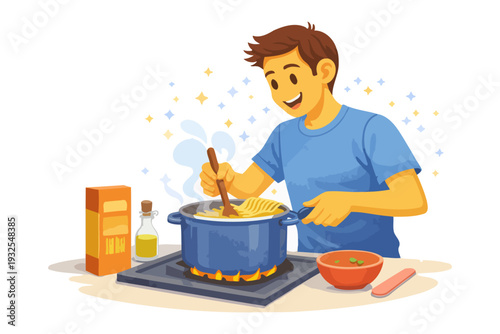 Young caucasian male cooking pasta on stove with ingredients surrounding.