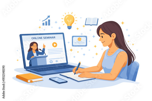 Female adult engaged in online seminar on laptop with notebooks and smartphone.