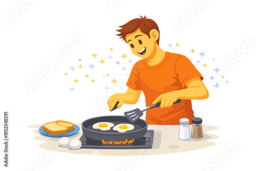 Young caucasian male cooking breakfast with eggs in kitchen.