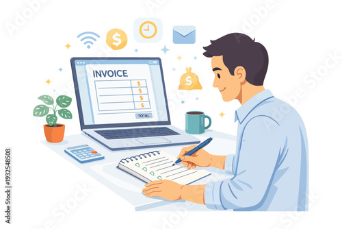 Young hispanic male working on finances with laptop and notebook at desk.