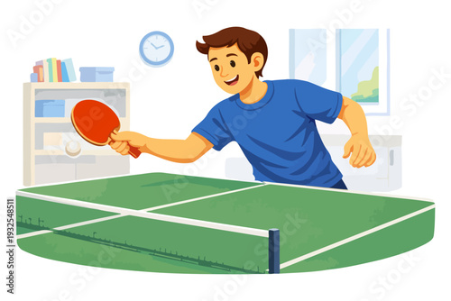 Young caucasian male playing table tennis in bright room.