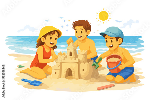 Children building sandcastle on sunny beach.