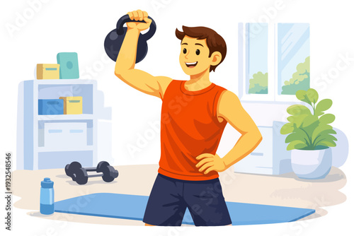 Young caucasian male exercising with kettlebell in home gym setting.